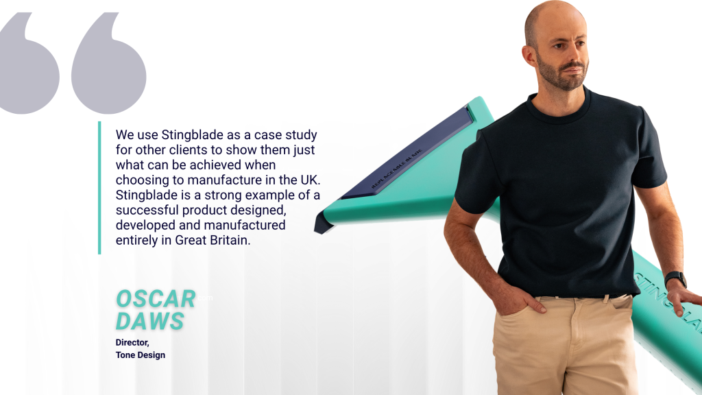 a quote from Oscar Daws of Tone Design praising the Made in Britain brand Stingblade, a jellyfish sting removal tool.