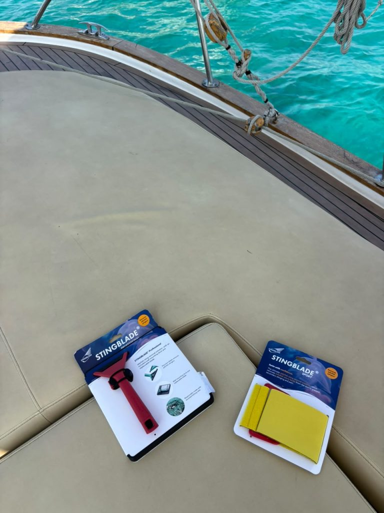 A stingblade on a boat in mallorca to provide jellyfiah sting solution